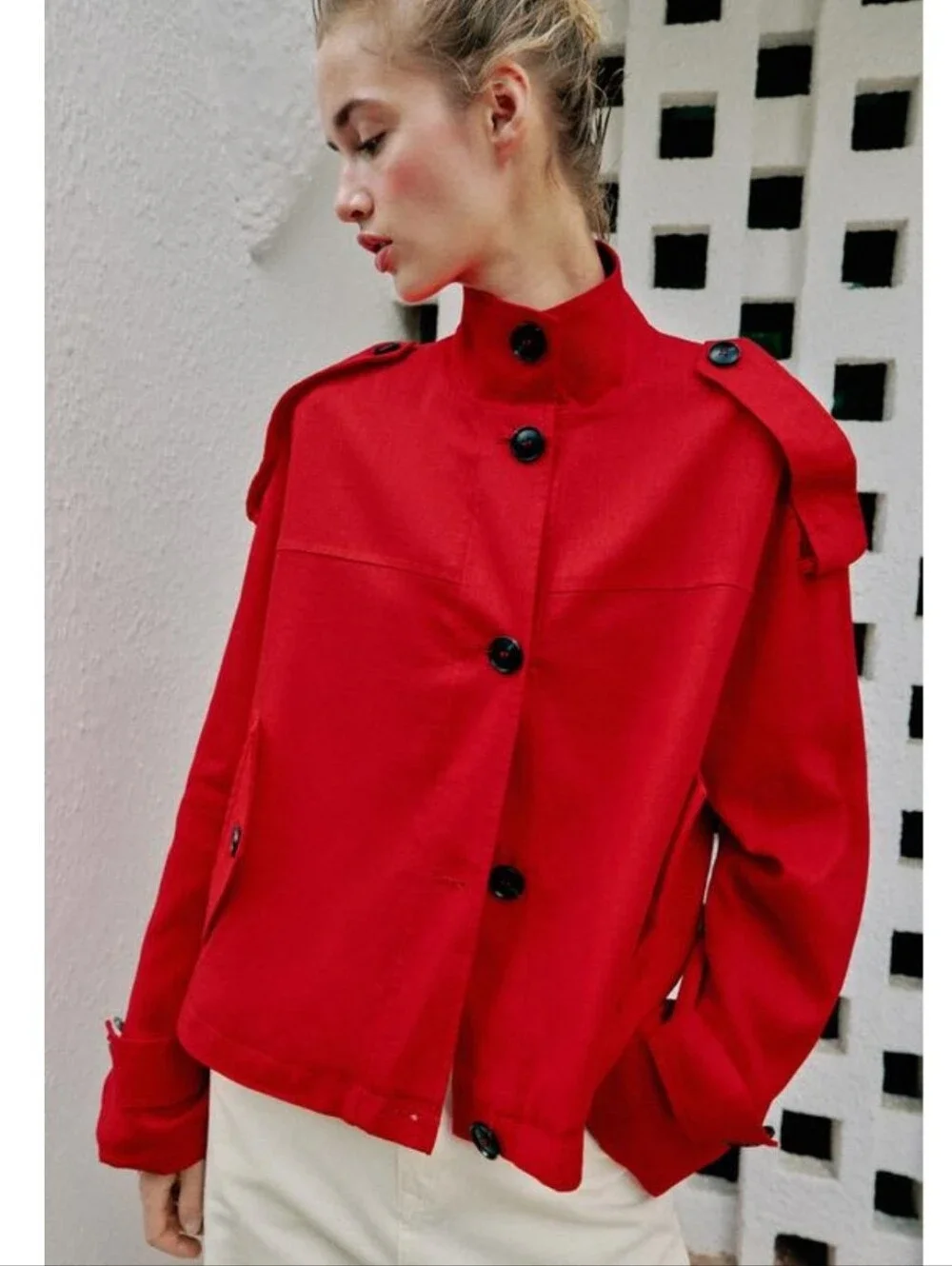 ZARA HIGH NECK LINEN BLEND JACKET RED Size S